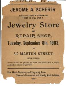 Newspaper announcement showing the opening of Scherer's Jewelers in Buffalo NY