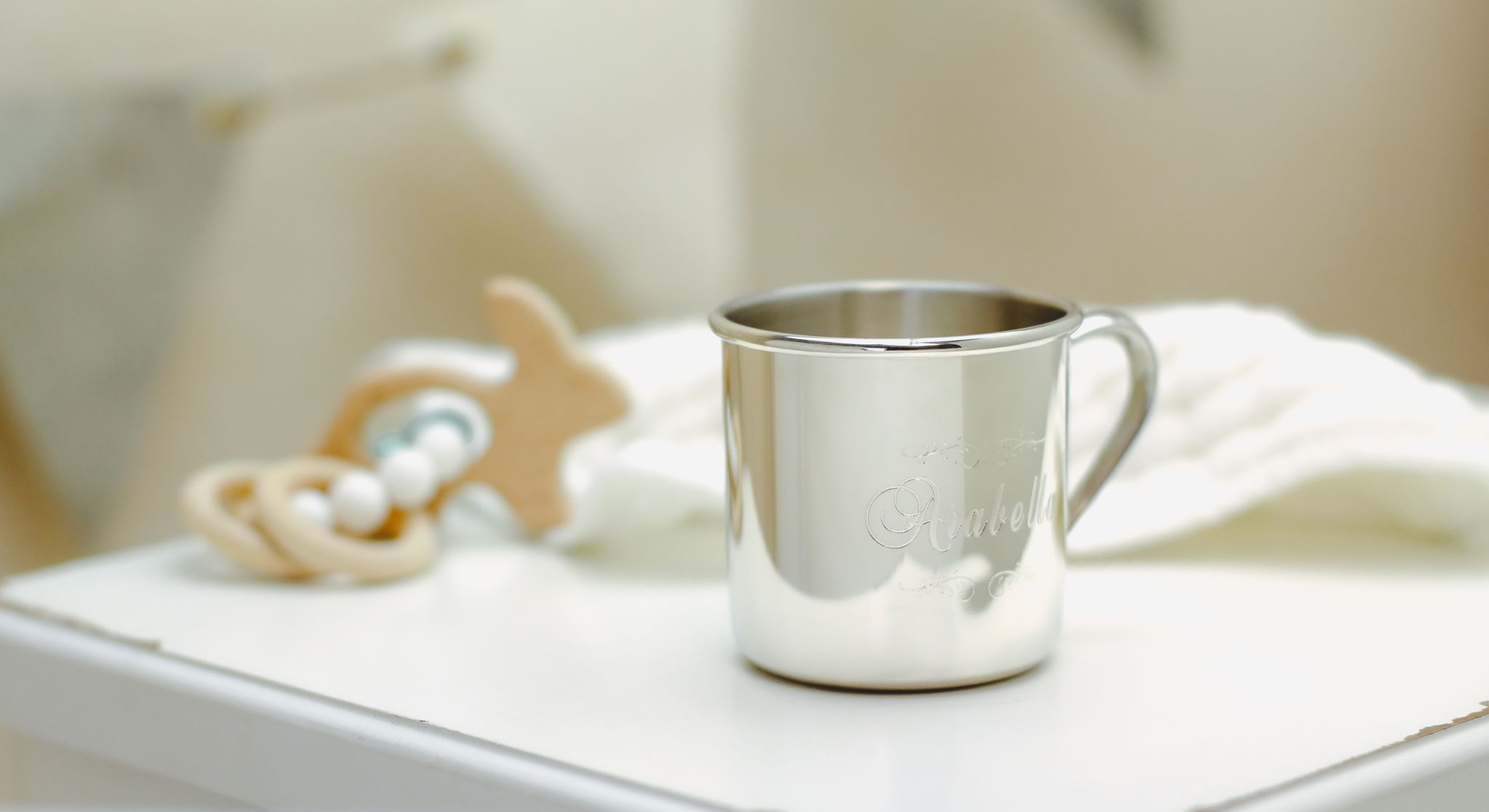 Silver baby engraved baby cup with wooden bunny rattle