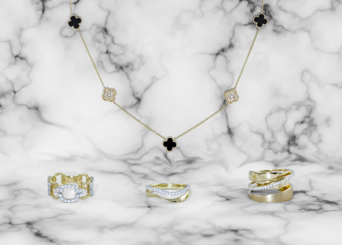 Onyx and Diamond Station Necklace with three rings