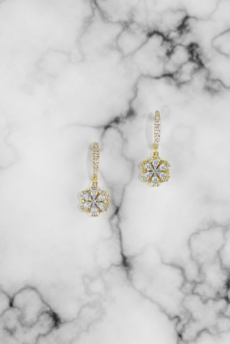 Yellow Gold Floral and Diamond Drop Earrings