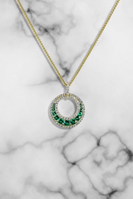 Yellow Gold Emerald and Diamond Circular Pendant