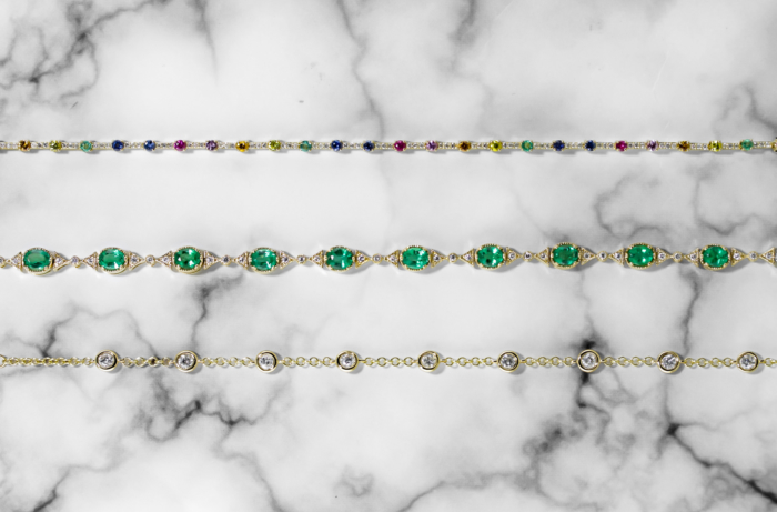 Yellow Gold Sapphire, Emerald, and Diamond Link Bracelets