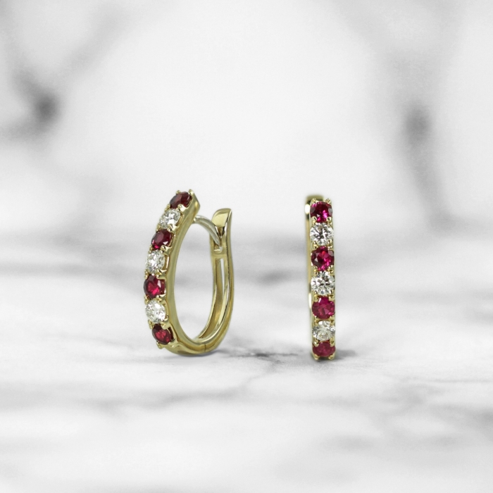 Yellow Gold Ruby and Diamond Hoops