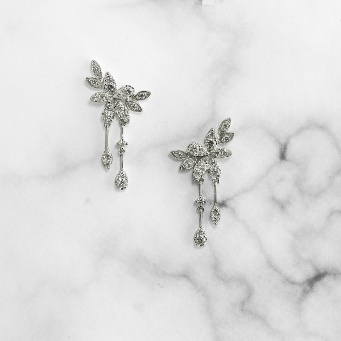 White Gold Floral Dangle Earrings