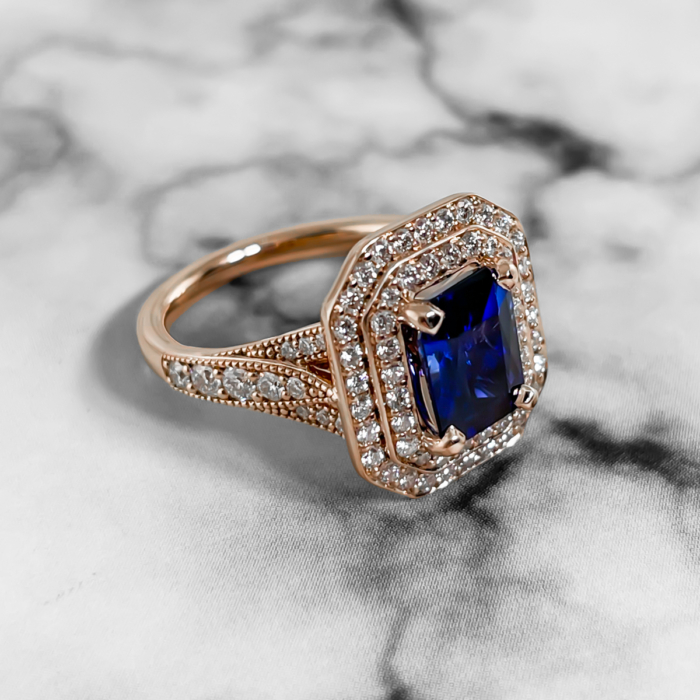Rose gold and sapphire double diamond halo ring