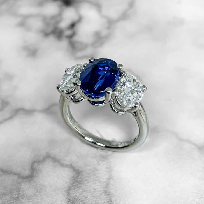 Sapphire and diamond 3-stone basket ring