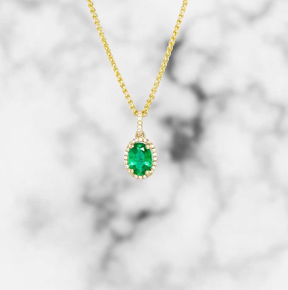 Emerald Diamond Halo Pendant