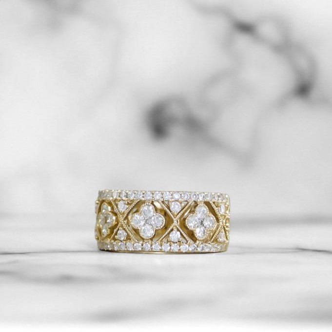 Wide Yellow Gold Diamond Clover Band