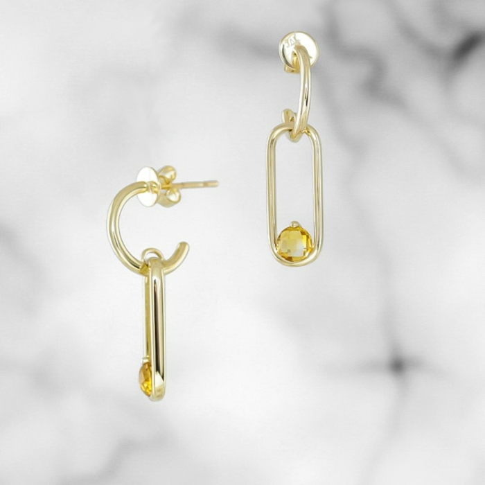Yellow Gold Paperclip Earrings with Citrine